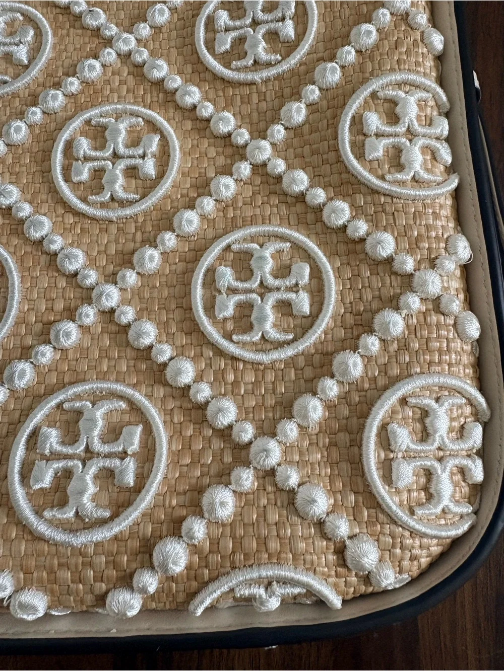 Tory Burch Tan Raffia Crossbody with Logo Embroidery